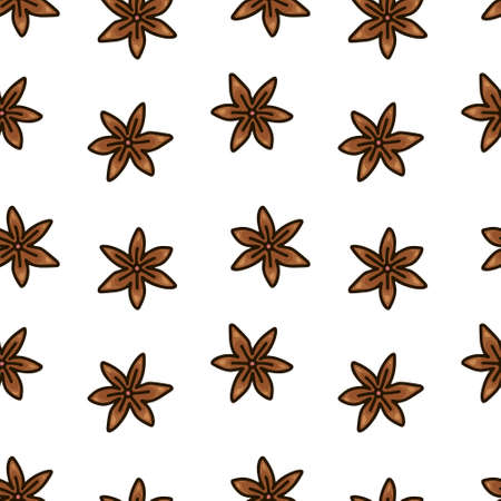 Seamless food vector pattern. Cartoon hand drawn star anise on white background. Doodle flat illustration for textile, wallpaper, wrapping paper. Colored spicesのイラスト素材