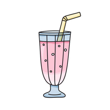 Tall glass milkshake with bubbles and yellow tube. Color strawberry cocktail icon. Hand drawn cartoon illustration. Isolated vector sign in doodle style on white backgroundのイラスト素材