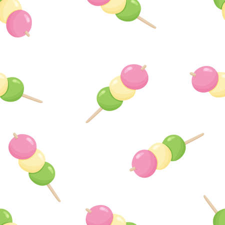 Seamless food vector pattern. Cartoon hand drawn japanese dango on white background. Color flat illustration for textile, wallpaper, clothes, paper, packaging. Three rice balls, asian dumplingのイラスト素材