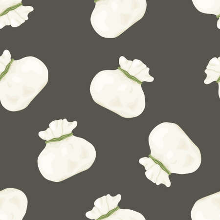 Seamless food vector pattern. Cartoon hand drawn burrata cheese ball on black background. Flat illustration for package design. Colored Italian buffalo milk dairy productのイラスト素材