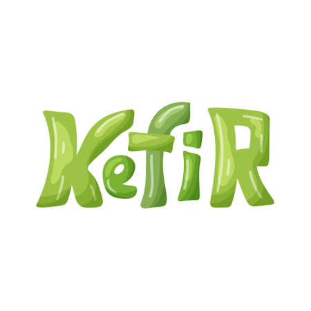 Cartoon green lettering of Kefir. Hand drawn vector template for  design packaging. Color isolated illustration on white background for emblem. Funny character image for drink. Stock pictureのイラスト素材