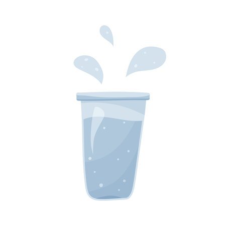 Glass of water. Isolated flat vector illustration on white background. Hand drawn liquid and spray. Color drink icon. Clip art for food theme. Cartoon blue imageのイラスト素材