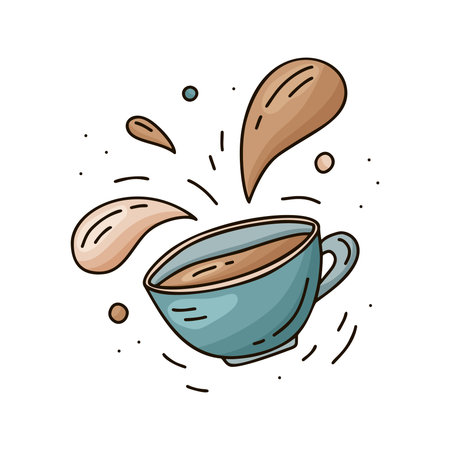 Color cartoon cup with isolated splash of spray. Doodle image of tea, coffee or hot chocolate on white background. Hand drawn vector food concept. Line art illustration for banner, card, posterのイラスト素材
