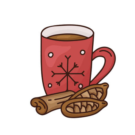 Coffee or hot chocolate. Red mug with cinnamon and cocoa beans. Hand drawn vector concept. Color doodle illustration for print, card, poster. Cartoon cup with snowflake. Warming drink with spicesのイラスト素材
