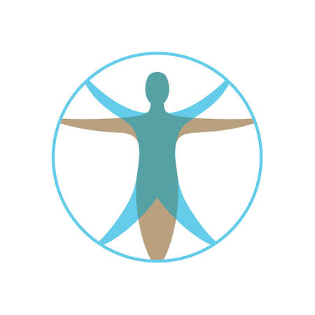 Modern vitruvian man. Sign of human figure enclosed in circle for illustration for medicine, science, health. Symbol of drawing of Leonardo da Vinci. Color flat icon on white backgroundのイラスト素材