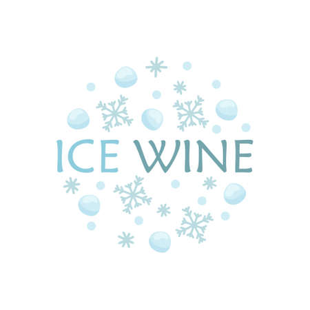 Blue illustration of ice wine. Flat round poster, sticker or logo. Cartoon snowflakes, snowballs and text. Hand drawn vector drink concept. Isolated icon on white backgroundのイラスト素材