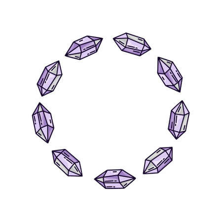 Round crystal frame on white background. Isolated doodle illustration for t-shirt or notebook cover. Violet cartoon amethyst stones for magic and witchcraft. Line art designのイラスト素材