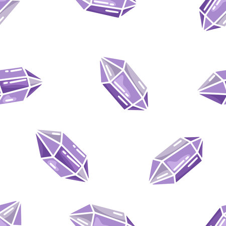 Seamless gems vector pattern. Cartoon hand drawn violet crystal on white background. Flat illustration for textile, wallpaper, package design. Colored amethyst stones for magic and witchcraftのイラスト素材