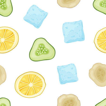 Seamless food vector pattern. Cartoon hand drawn ice cubes, lemon, cucumber, ginger on white background. Flat illustration for textile, wrapping paper, cocktail packaging, cosmetics, female face maskのイラスト素材
