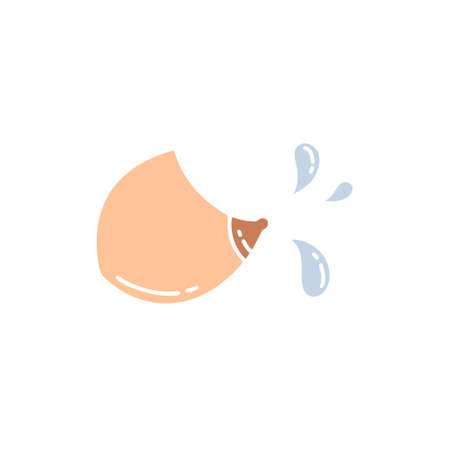 Color cartoon female breast with isolated milk drops. Hand drawn vector concept of Breastfeeding and lactation. Flat minimalistic illustration for banner, card, posterのイラスト素材