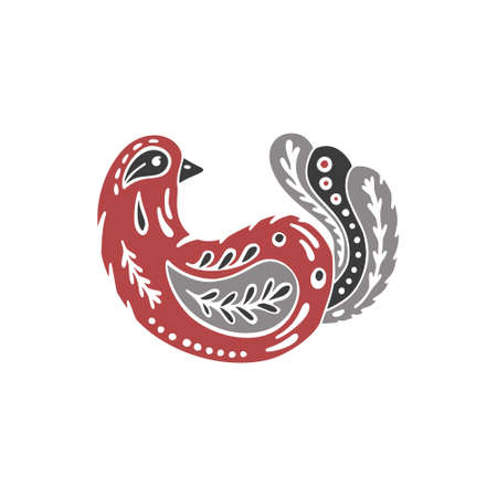 Red folk bird. Isolated doodle icon on white background. Cutout silhouette illustration for t-shirt, print, book. Scandinavian or Slavic style. Free hand drawn vector imageのイラスト素材