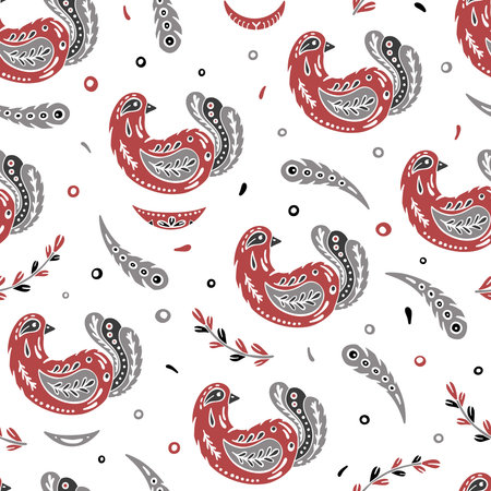 Seamless folk pattern. Scandinavian bird. Red, grey, black elements on white background. Slavic...