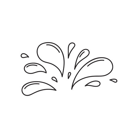 A lot of small spray and droplets. Contour water drop icon. Hand drawn cartoon illustration of aqua. Symbol of splashing liquid in doodle style. Isolated outline vector image  on white backgroundのイラスト素材