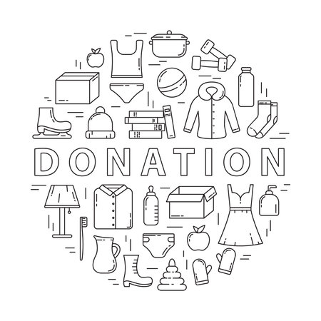 Round donation poster. Banner with linear icons in circle. Black illustration. Set of contour isolated vector elements on white background. Charity emblem with text, food, clothes, things, toys, shoesのイラスト素材