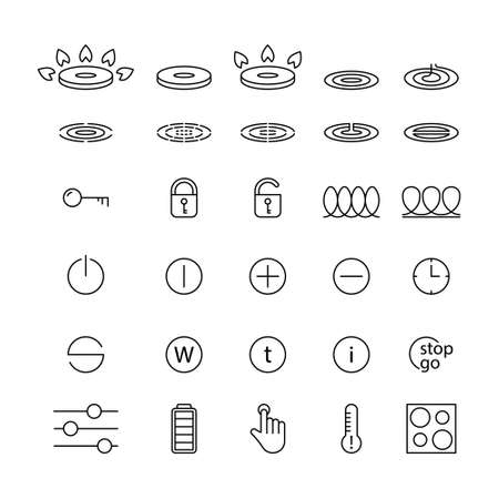 Set of icons for cooktops of stoves. Temperature indicator, touch control, lock. Linear illustration for gas, electric induction, glass ceramic, halogen hobs. Contour isolated vector. Editable strokeのイラスト素材