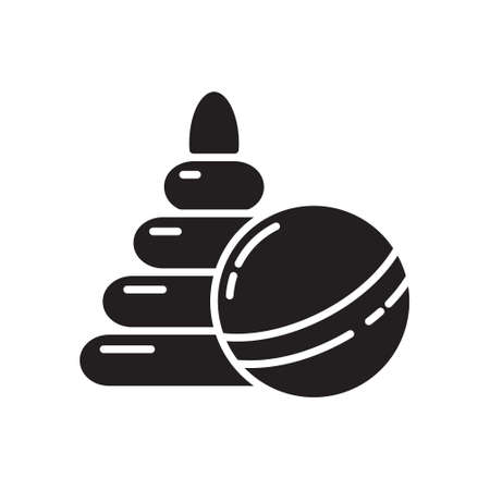 Cutout silhouette toy ball and pyramid icon. Outline template for children outdoor games. Black and white simple illustration. Flat hand drawn isolated vector image on white backgroundのイラスト素材