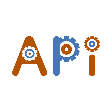 API lettering with cogwheel icons. Color funny text for software logo. Flat isolated vector...
