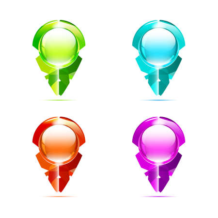 Set of 3d glass marker. Collection of glossy Map pointers. Illustration vector icons for web. Crystal modern elements with sharp abstract ornament. Isolated symbol on white backgroundのイラスト素材