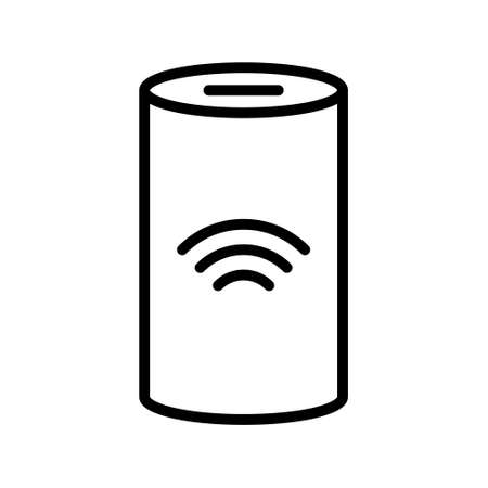 High cylindrical audio speaker. Linear icon of smart home device. Black simple illustration of modern portable computer. Contour isolated vector image on white backgroundのイラスト素材