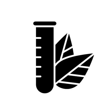 Silhouette Laboratory glass with leaves in background. Outline of chemical research. Black illustration of medical analysis, ecology, agriculture. Flat isolated vector. Organic tube iconのイラスト素材