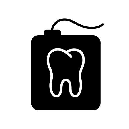 Silhouette teeth floss in rectangular case with tooth shape. Outline icon of dental floss in container. Black simple illustration of daily oral care. Flat isolated vector image on white backgroundのイラスト素材