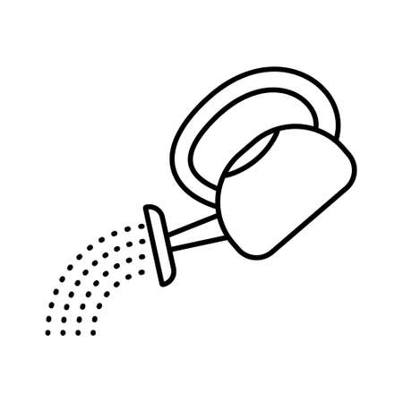 Garden watering can with stream of water. Linear icon of irrigation. Black simple illustration of gardening tools, plant care. Contour isolated vector image on white backgroundのイラスト素材