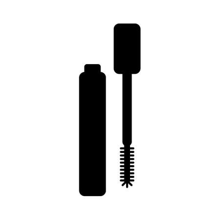 Mascara silhouette icon. Set of separate tube, eyelash brush. Black simple illustration of decorative cosmetics, makeup. Flat isolated vector on white background. Outline icon for shop, package designのイラスト素材