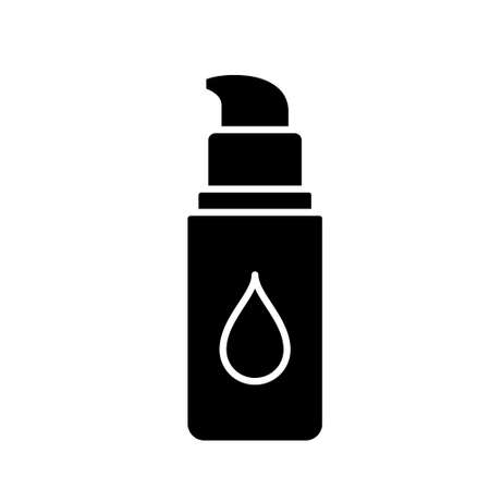 Silhouette Bottle of concealer or moisturizer. Outline icon of vial with dispenser, cream drop. Black illustration of makeup product for woman, skin hydration. Flat isolated vector on white backgroundのイラスト素材