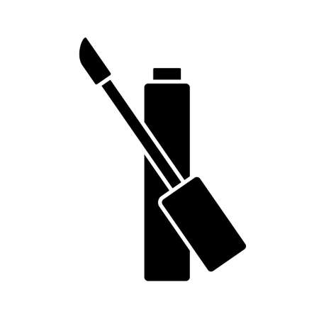 Silhouette Lip gloss, liquid lipstick or concealer with brush. Outline icon of makeup. Black simple illustration of decorative cosmetics. Flat isolated vector emblem on white backgroundのイラスト素材