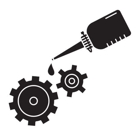 Cutout silhouette Oiler with dripping drop of oil lubricating two spinning gears. Outline icon of motor oil. Black illustration. Flat isolated vector image on white background. Bottle grease mechanismのイラスト素材