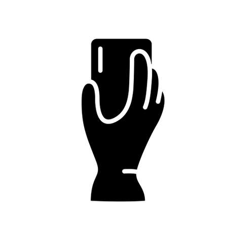 Silhouette Hand in household rubber glove holds washing sponge, soap. Outline  icon of detergents. Illustration for wet house cleaning, polishing surfaces, removing plaque, rust. Flat isolated vectorのイラスト素材