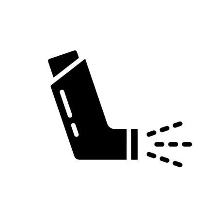 Silhouette Asthma inhaler. Outline icon of aerosol with sprayed medicine. Black simple illustration of small pocket device for asthmatic. Flat isolated vector emblem on white backgroundのイラスト素材
