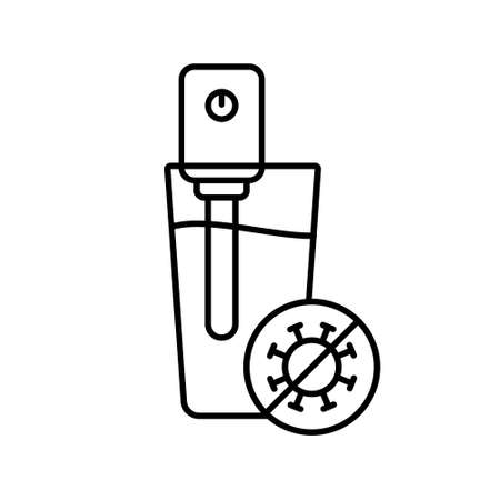 Ultraviolet water sterilizer in glass and stop bacteria icon. Linear portable device with uvc germicidal lamp. Contour isolated vector illustration. Protection of drinks from covid virus, microbeのイラスト素材