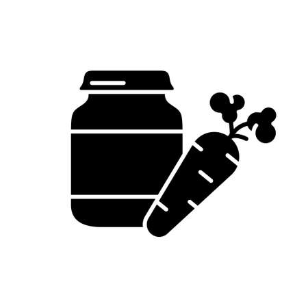 Silhouette of carrot baby food. Outline icon of complementary foods in jar. Illustration of ready vegetable purees in glass bottle. Flat isolated vector, white background. Canned food or tinned goodsのイラスト素材