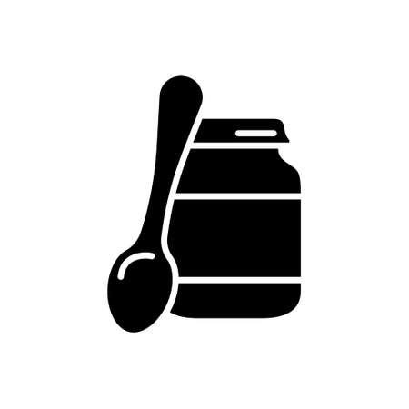 Silhouette of baby food jar with lid and spoon. Outline icon of canned food, jam, peanut butter, puree. Black illustration of ready mash in glass bottle. Flat isolated vector emblem, white backgroundのイラスト素材