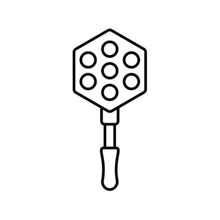 Bubble waffle mold with long handle. Linear icon of cast iron or aluminum pan for making Hong Kong egg waffle on stove. Illustration of kitchen appliances. Contour isolated vector on white backgroundのイラスト素材