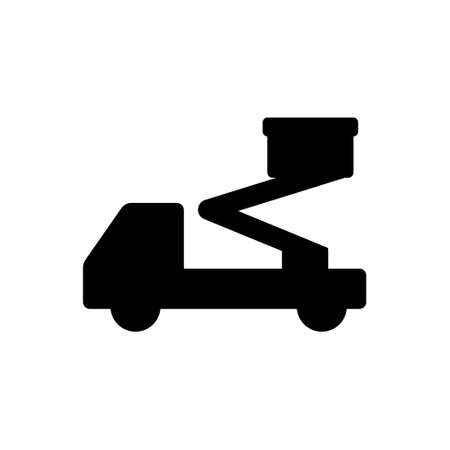 Silhouette of elevated work platform. Black illustration of hydraulic special machinery. Outline icon of aerial lift. Flat isolated vector on white background. Car shipping signのイラスト素材
