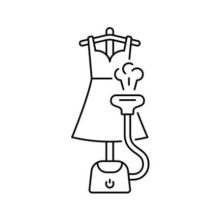 Vertical steamer ironing woman's dress with hot air. Line art illustration of electric laundry equipment. Floor steam generator, flexible hose, hanger, nozzle. Contour isolated vector pictogramのイラスト素材