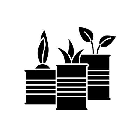 Seedlings in tins. Silhouette plants in cans. Outline recycle icon. Black simple illustration of home garden on windowsill, growing herbs. Flat isolated image white background. Zero waste themeのイラスト素材