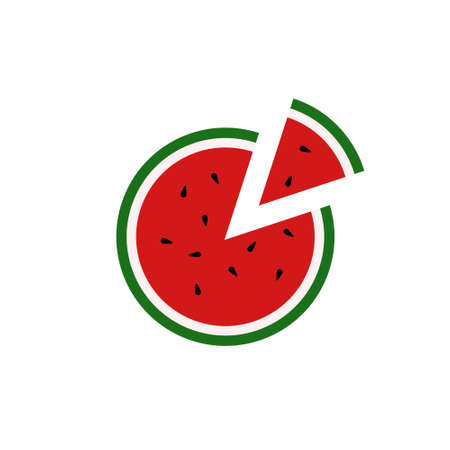 Watermelon icon, top view. Color cartoon emblem of piece of fruit in shape of round pizza. Flat illustration of healthy snack, slice of summer fruit with seeds. Isolated vector logo, white backgroundのイラスト素材