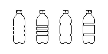 Plastic bottle icon set. Linear emblem of ribbed PET recycling packaging. Black simple illustration of tall container for water, liquid, oil. Contour isolated vector clipart on white backgroundのイラスト素材