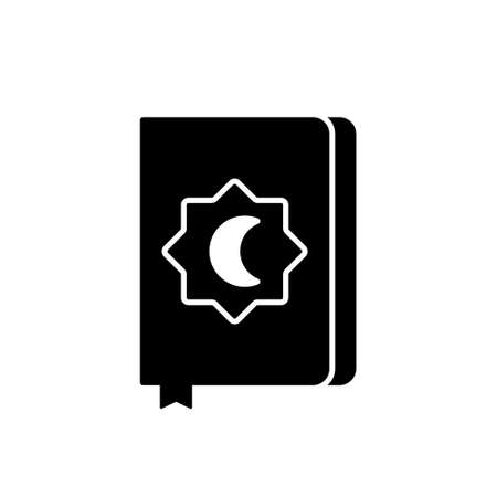 Silhouette Koran. Outline icon of Islamic sacred book. Black simple illustration of muslim religious accessory with Rub El Hizb star, moon, bookmark. Flat isolated pictogram, white backgroundのイラスト素材