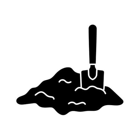 Cutout silhouette Small shovel stuck in pile of earth. Outline icon of gardening tool. Black illustration of excavation, loosening ground, work with soil.のイラスト素材