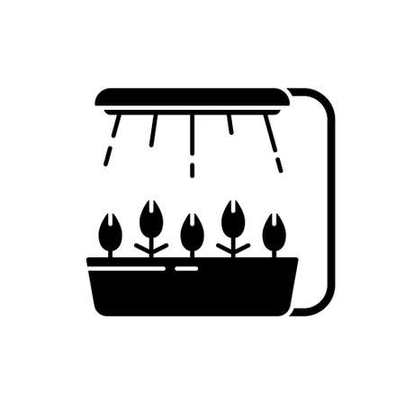 Silhouette Led grow light. Outline icon of hydroponics, phytolamp. Black illustration of farming. Pot with shoots and fixed lamp with rays of artificial lightのイラスト素材