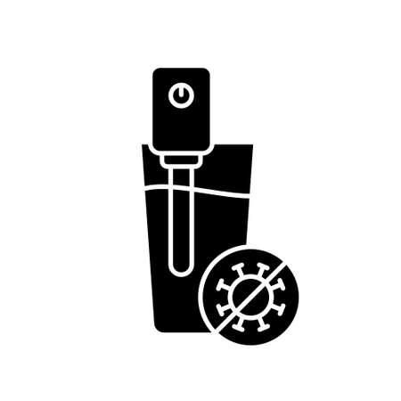 Silhouette Ultraviolet water sterilizer in glass and stop bacteria icon. Outline portable device with uvc germicidal lamp. Flat isolated vector emblem. Protection of drinks from covid virus, microbeのイラスト素材