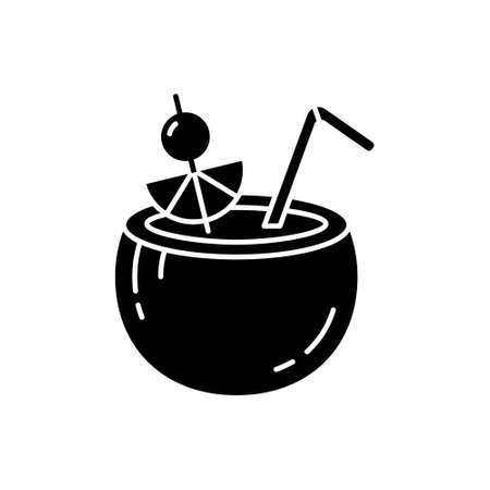 Silhouette Coconut pina colada icon. Coco exotic cocktail. Outline black illustration of nutshell drink with tube, fresh fruits. Flat isolated vector emblem on white background. Cafe or bar menu logoのイラスト素材