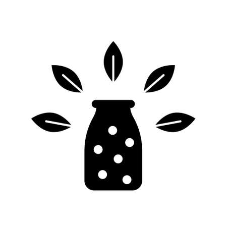 Silhouette Homeopathic balls in bottle with leaf decor. Outline icon of herbal medicines. Black illustration for natural cosmetics, food concept. Flat isolated vector pictogram, white backgroundのイラスト素材