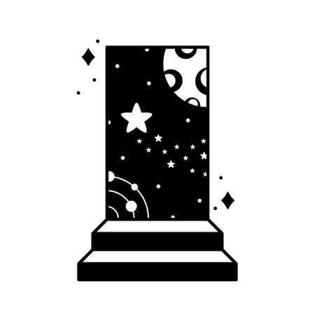 Stair with doorway in cosmos. New possibility or open your mind concept. Black illustration of space exploration, virtual travel, world discovery, progress. Outline silhouette vector for print, posterのイラスト素材