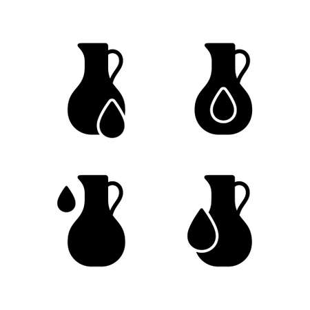 Vegetable oil. Silhouette icons set. Jug with drop. Healthy natural food supplement. Organic ingredient in cosmetics, cream. Black illustration for packaging design, eco product. Flat isolated vectorのイラスト素材