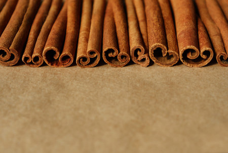 Cinnamon sticks on craft paper. Horizontal banner with copy space. Monochrome brown poster. Spicy...